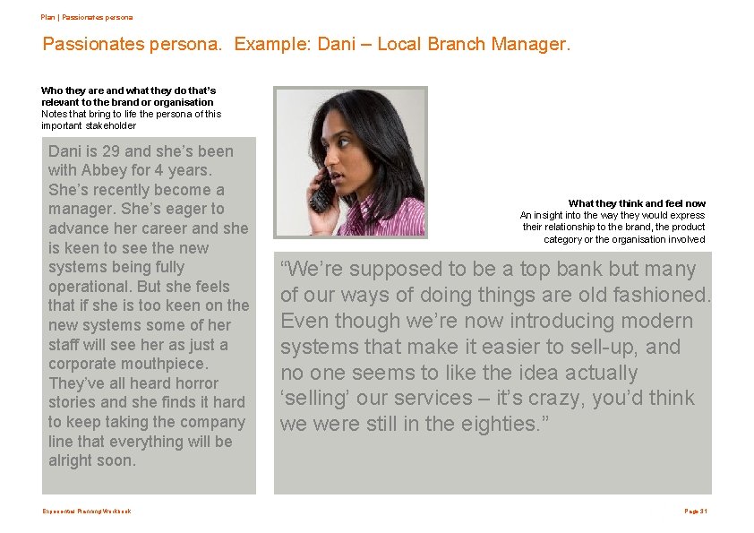 Plan | Passionates persona. Example: Dani – Local Branch Manager. Who they are and