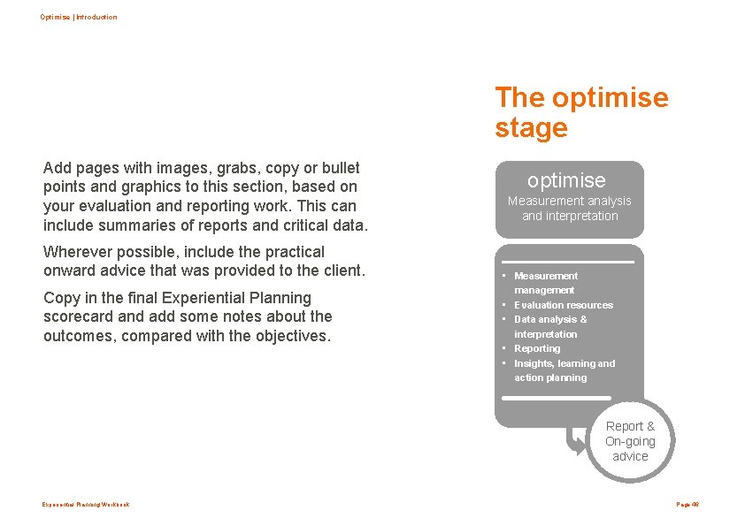 Optimise | Introduction The optimise stage Add pages with images, grabs, copy or bullet