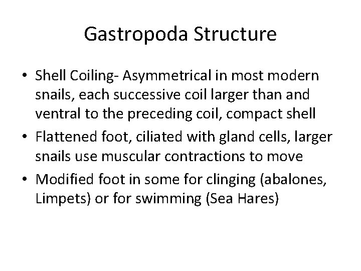 Gastropoda Structure • Shell Coiling- Asymmetrical in most modern snails, each successive coil larger