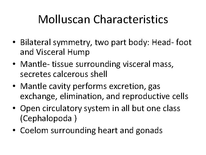 Molluscan Characteristics • Bilateral symmetry, two part body: Head- foot and Visceral Hump •