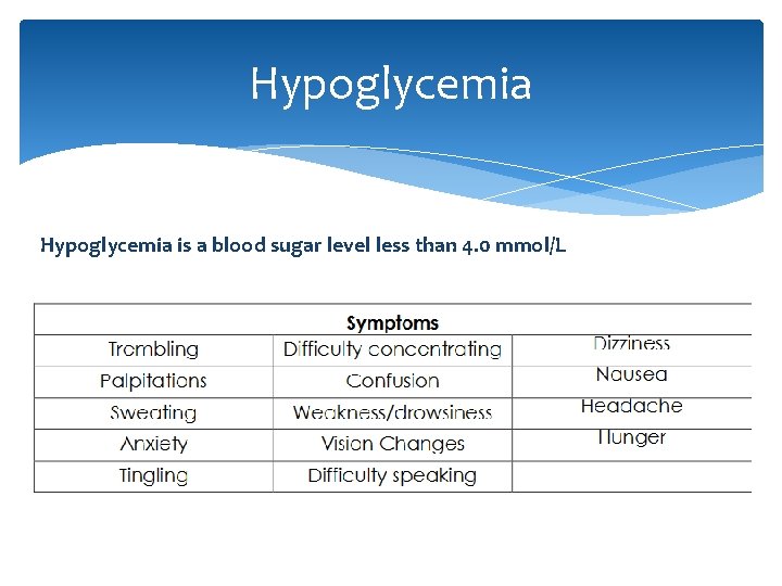Hypoglycemia is a blood sugar level less than 4. 0 mmol/L 