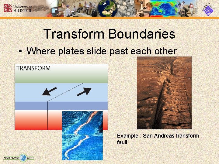 Transform Boundaries • Where plates slide past each other Example : San Andreas transform