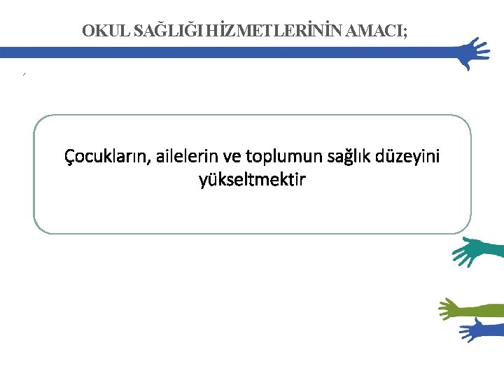 OKUL SAĞLIĞI HİZMETLERİNİN AMACI; , Çocukların, ailelerin ve toplumun sağlık düzeyini Okul çağındaki tüm