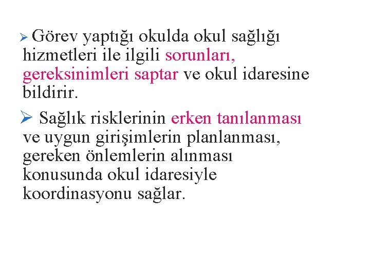 Ø Görev yaptığı okulda okul sağlığı hizmetleri ile ilgili sorunları, gereksinimleri saptar ve okul