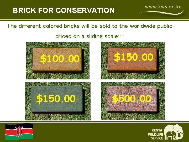 BRICK FOR CONSERVATION The different colored bricks will be sold to the worldwide public