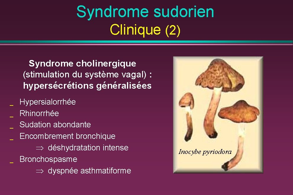 Syndrome sudorien Clinique (2) Syndrome cholinergique (stimulation du système vagal) : hypersécrétions généralisées _