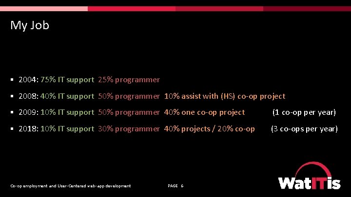 My Job § 2004: 75% IT support 25% programmer § 2008: 40% IT support