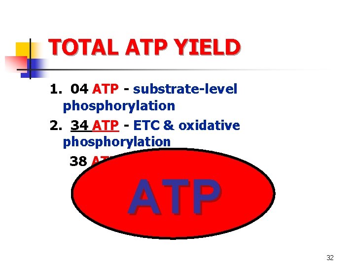 TOTAL ATP YIELD 1. 04 ATP - substrate-level phosphorylation 2. 34 ATP - ETC