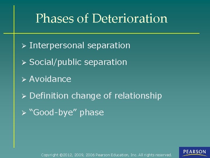 Phases of Deterioration Ø Interpersonal separation Ø Social/public separation Ø Avoidance Ø Definition change