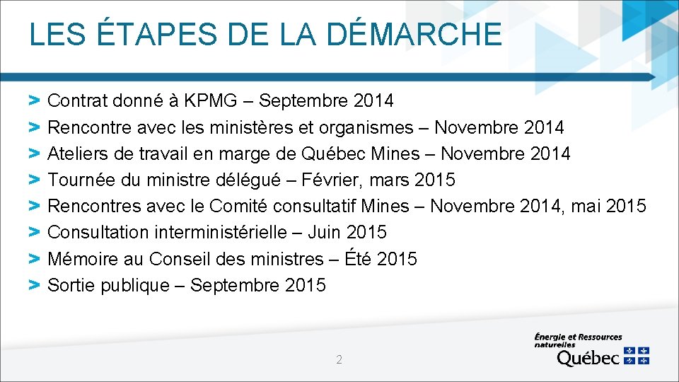 LES ÉTAPES DE LA DÉMARCHE > > > > Contrat donné à KPMG –