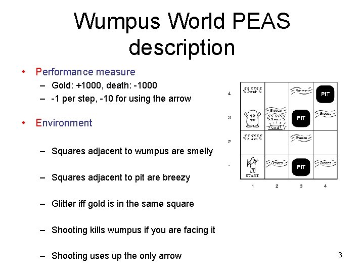 Wumpus World PEAS description • Performance measure – Gold: +1000, death: -1000 – -1