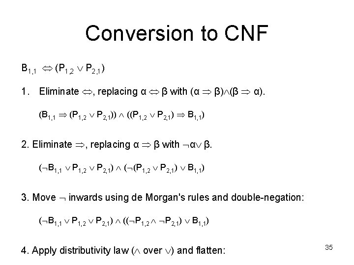 Conversion to CNF B 1, 1 (P 1, 2 P 2, 1) 1. Eliminate