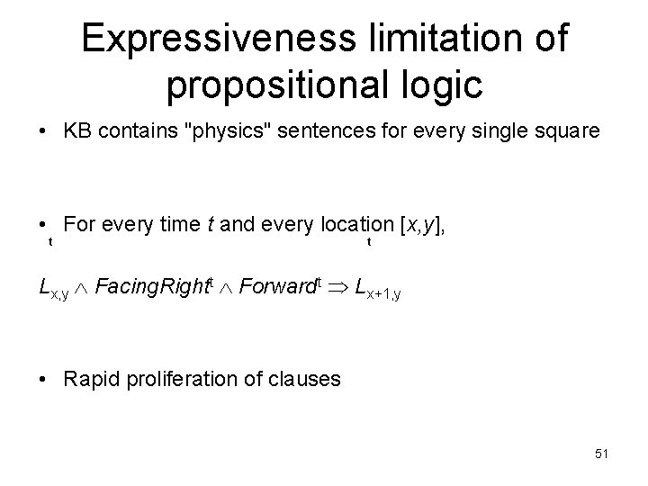 Expressiveness limitation of propositional logic • KB contains "physics" sentences for every single square