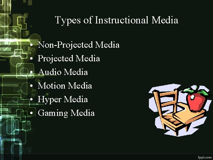 Types of Instructional Media • • • Non-Projected Media Audio Media Motion Media Hyper