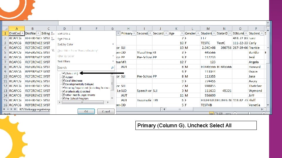 Primary (Column G). Uncheck Select All 