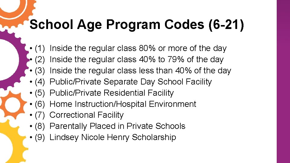 School Age Program Codes (6 -21) • (2) • (3) • (4) • (5)