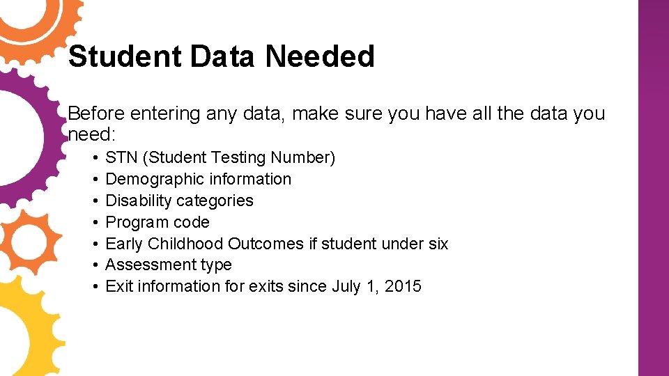 Student Data Needed Before entering any data, make sure you have all the data