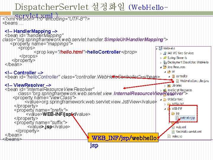 Dispatcher. Servlet 설정화일 (Web. Helloservlet. xml ) <? xml version="1. 0" encoding="UTF-8"? > <beans