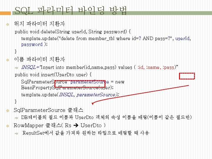 SQL 파라미터 바인딩 방법 위치 파라미터 치환자 public void delete(String user. Id, String password)