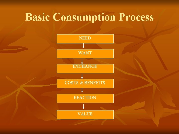 Basic Consumption Process NEED WANT EXCHANGE COSTS & BENEFITS REACTION VALUE 