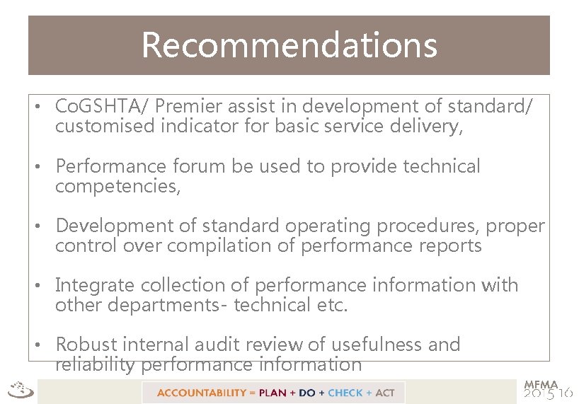 Recommendations • Co. GSHTA/ Premier assist in development of standard/ customised indicator for basic