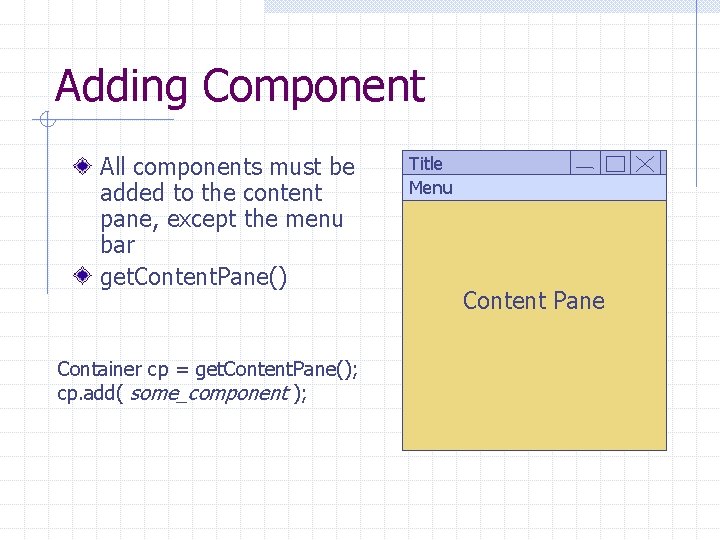 Adding Component All components must be added to the content pane, except the menu