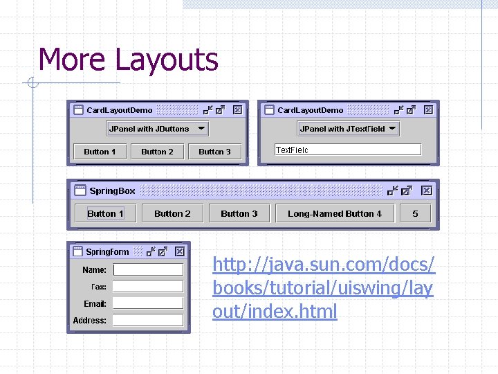 More Layouts http: //java. sun. com/docs/ books/tutorial/uiswing/lay out/index. html 