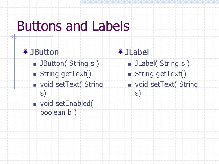 Buttons and Labels JButton n n JButton( String s ) String get. Text() void