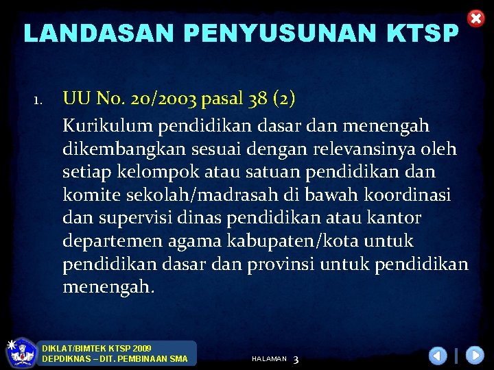 LANDASAN PENYUSUNAN KTSP 1. UU No. 20/2003 pasal 38 (2) Kurikulum pendidikan dasar dan