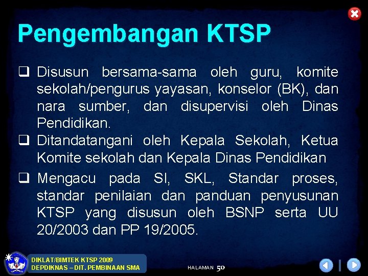 Pengembangan KTSP q Disusun bersama-sama oleh guru, komite sekolah/pengurus yayasan, konselor (BK), dan nara