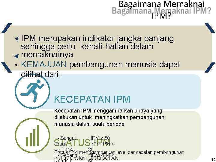 Bagaimana Memaknai IPM? IPM merupakan indikator jangka panjang sehingga perlu kehati-hatian dalam memaknainya. •