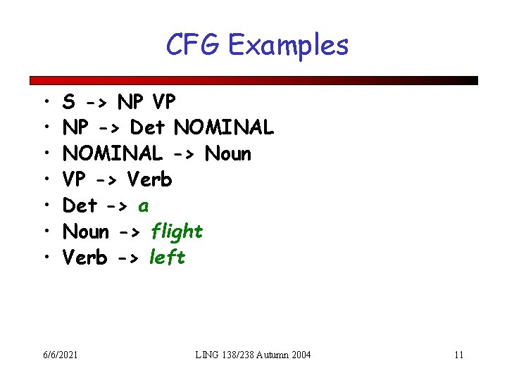 CFG Examples • • S -> NP VP NP -> Det NOMINAL -> Noun
