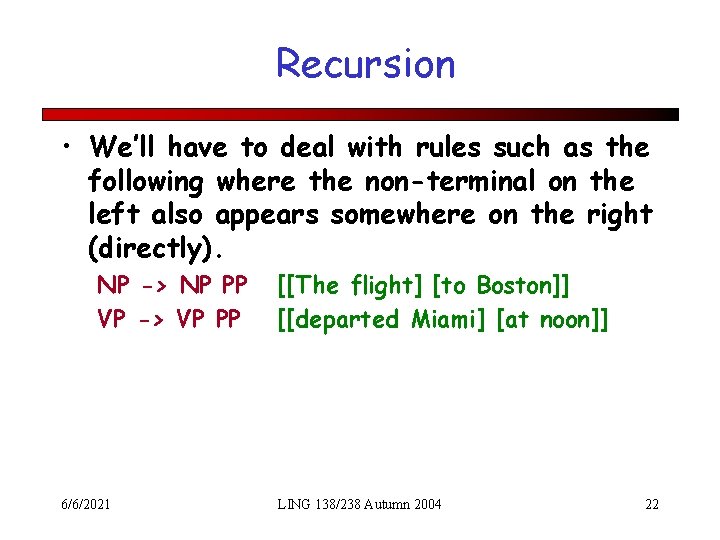 Recursion • We’ll have to deal with rules such as the following where the