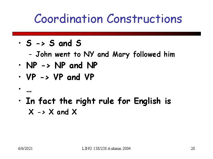 Coordination Constructions • S -> S and S – John went to NY and