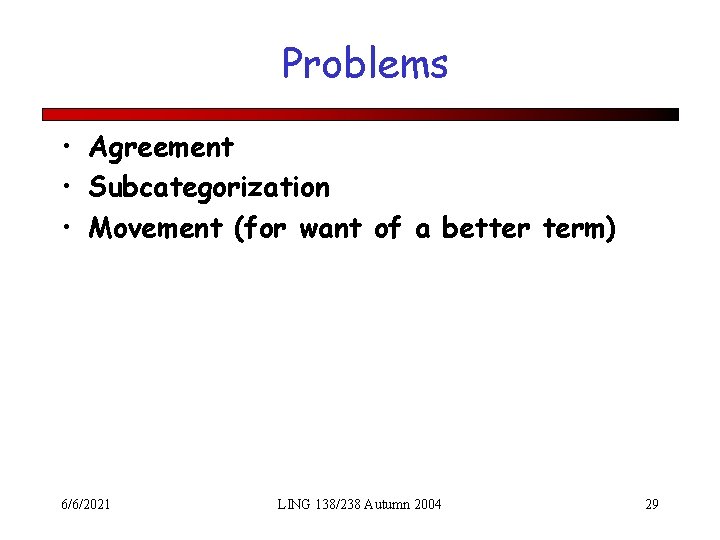 Problems • Agreement • Subcategorization • Movement (for want of a better term) 6/6/2021