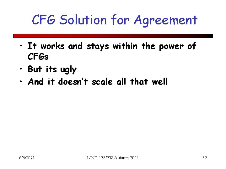 CFG Solution for Agreement • It works and stays within the power of CFGs