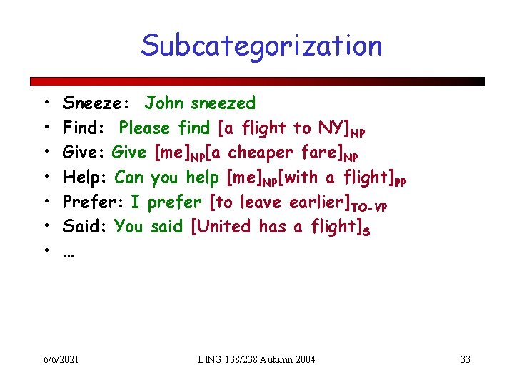 Subcategorization • • Sneeze: John sneezed Find: Please find [a flight to NY]NP Give: