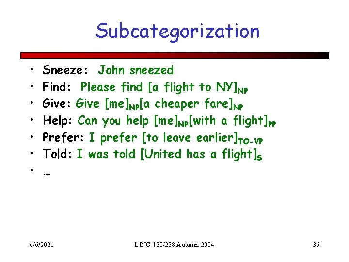 Subcategorization • • Sneeze: John sneezed Find: Please find [a flight to NY]NP Give: