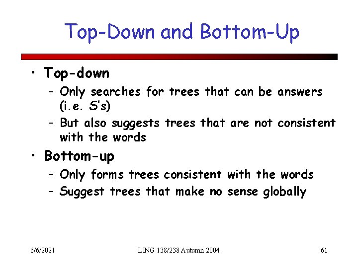 Top-Down and Bottom-Up • Top-down – Only searches for trees that can be answers