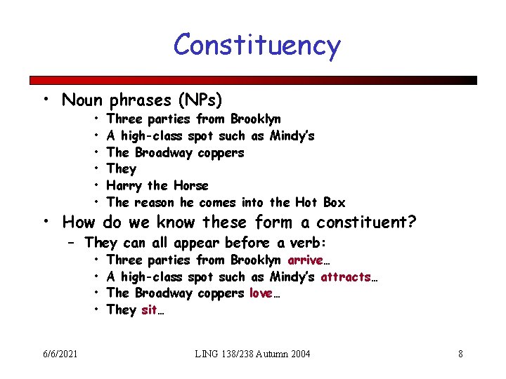 Constituency • Noun phrases (NPs) • • • Three parties from Brooklyn A high-class