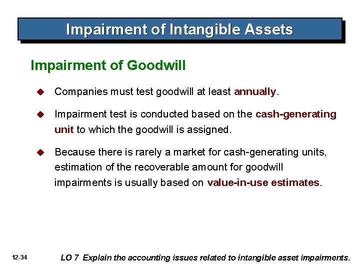Impairment of Intangible Assets Impairment of Goodwill 12 -34 u Companies must test goodwill