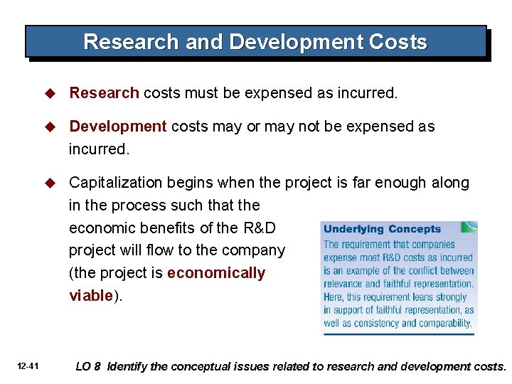 Research and Development Costs 12 -41 u Research costs must be expensed as incurred.