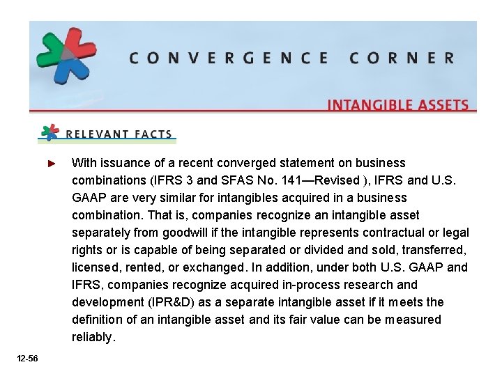 ► 12 -56 With issuance of a recent converged statement on business combinations (IFRS
