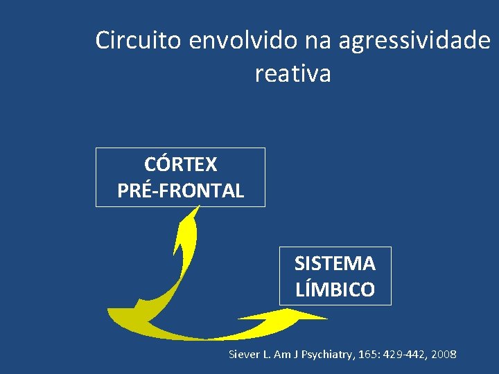 Circuito envolvido na agressividade reativa CÓRTEX PRÉ-FRONTAL SISTEMA LÍMBICO Siever L. Am J Psychiatry,