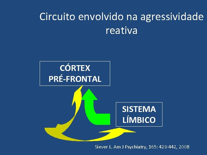 Circuito envolvido na agressividade reativa CÓRTEX PRÉ-FRONTAL SISTEMA LÍMBICO Siever L. Am J Psychiatry,