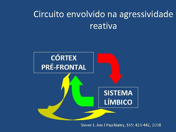 Circuito envolvido na agressividade reativa CÓRTEX PRÉ-FRONTAL SISTEMA LÍMBICO Siever L. Am J Psychiatry,