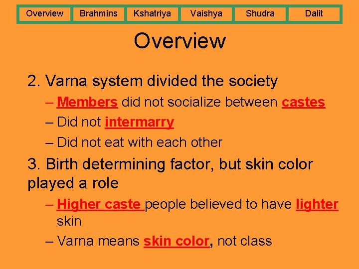 Overview Brahmins Kshatriya Vaishya Shudra Dalit Overview 2. Varna system divided the society –