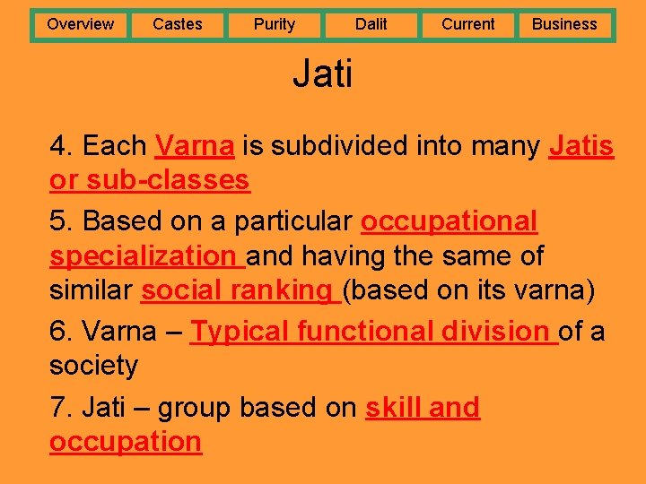 Overview Castes Purity Dalit Current Business Jati 4. Each Varna is subdivided into many