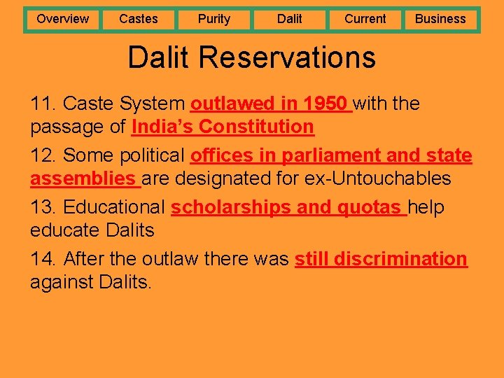 Overview Castes Purity Dalit Current Business Dalit Reservations 11. Caste System outlawed in 1950