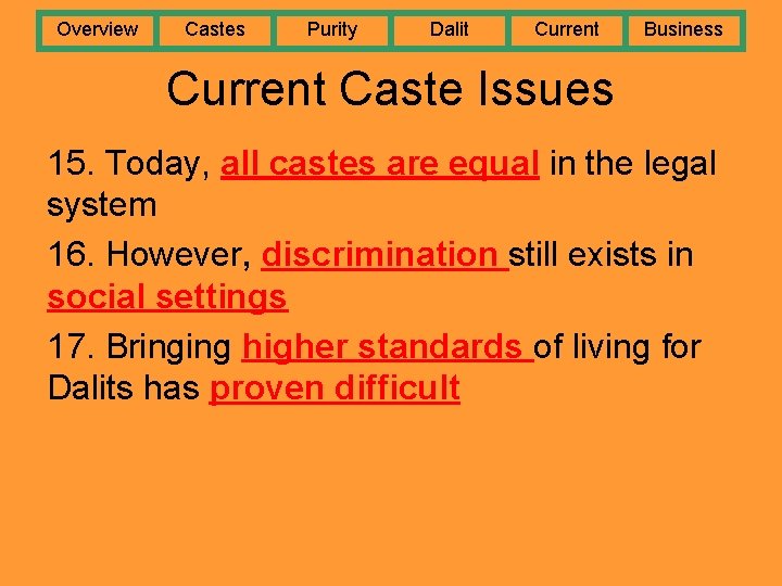 Overview Castes Purity Dalit Current Business Current Caste Issues 15. Today, all castes are